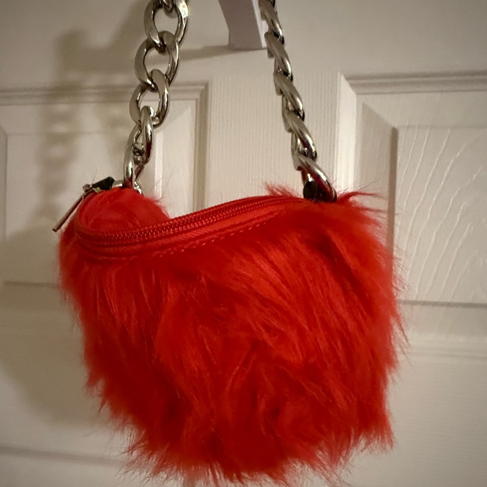 Red Faux Fur Chain Strap Bag